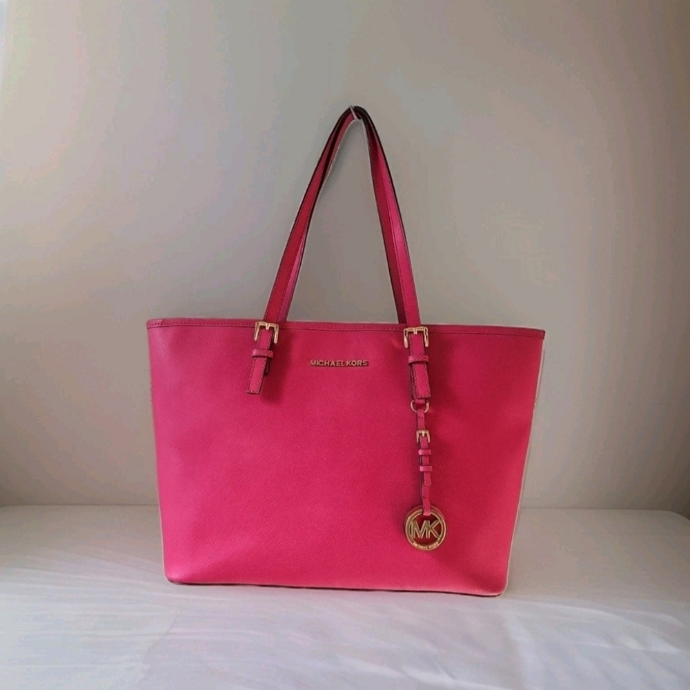 Michael Kors Jet Set Travel Tote Pink Saffiano Leather Large Logo Leather Bag
